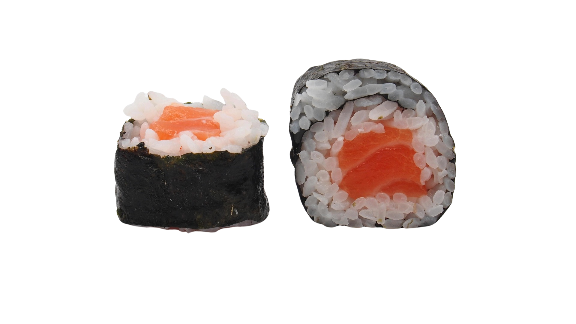 Two salmon maki rolls on white
